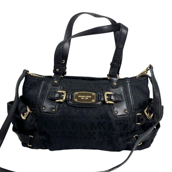 Michael Kors Black Canvas/Leather Gansevoort Shoulder Handbag + Gold Hardware - Picture 1 of 16